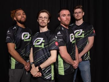 OpTic Halo esports team, from left, Brad "aPG" Laws, Justin "IGotUrPistola" Deese, Joey "Trippy" Taylor and Tommy "Lucid" Wilson, on Friday, Dec. 10, 2021 at the Envy Gaming Inc. offices in Dallas.