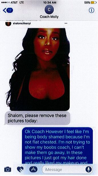 A screenshot of a text exchange between coach Molly Alvey and Shalom Ifeanyi, who now...