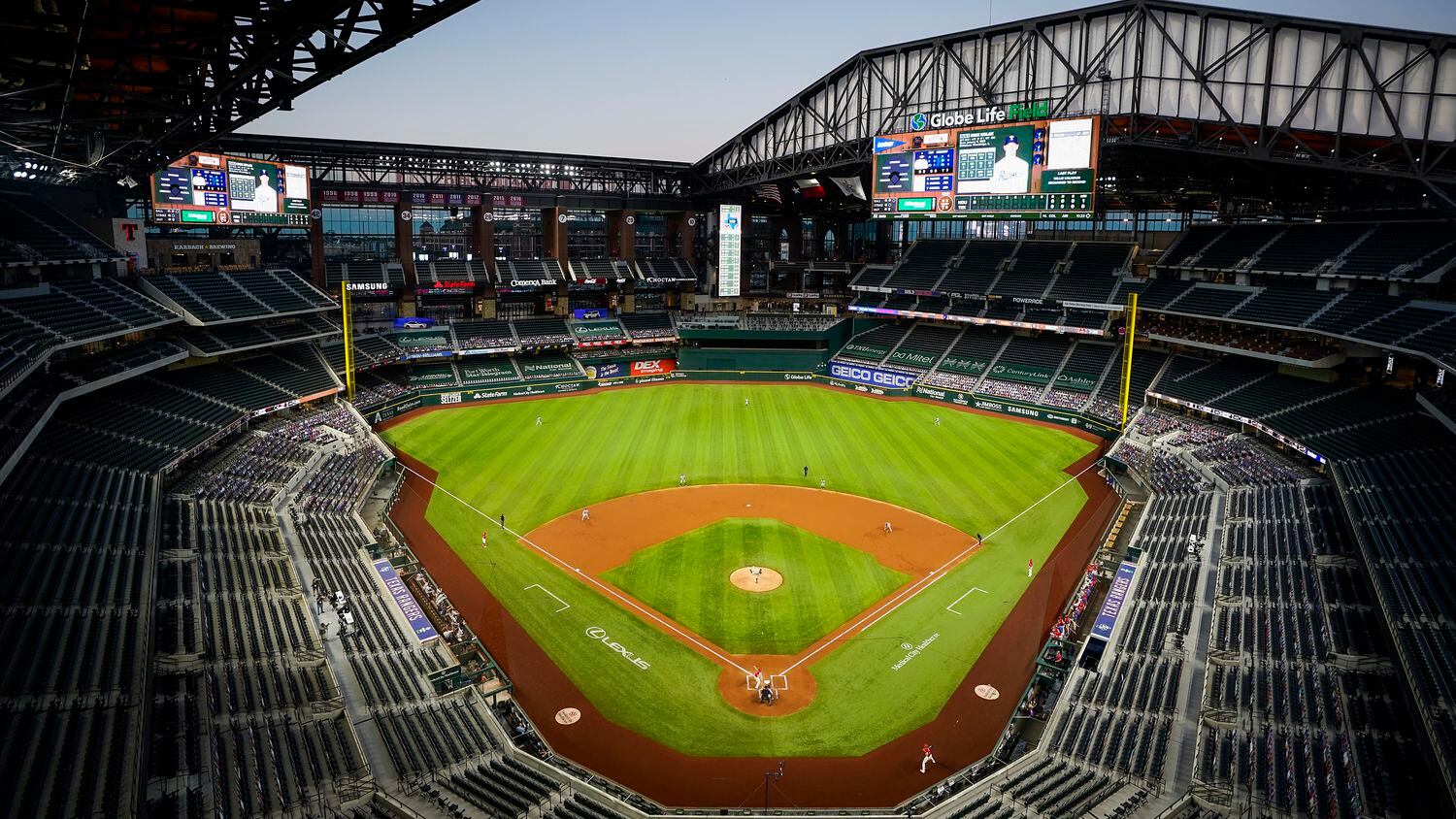 An overall view of the stadium with the roof as the Texas Rangers host the Houston Astros...