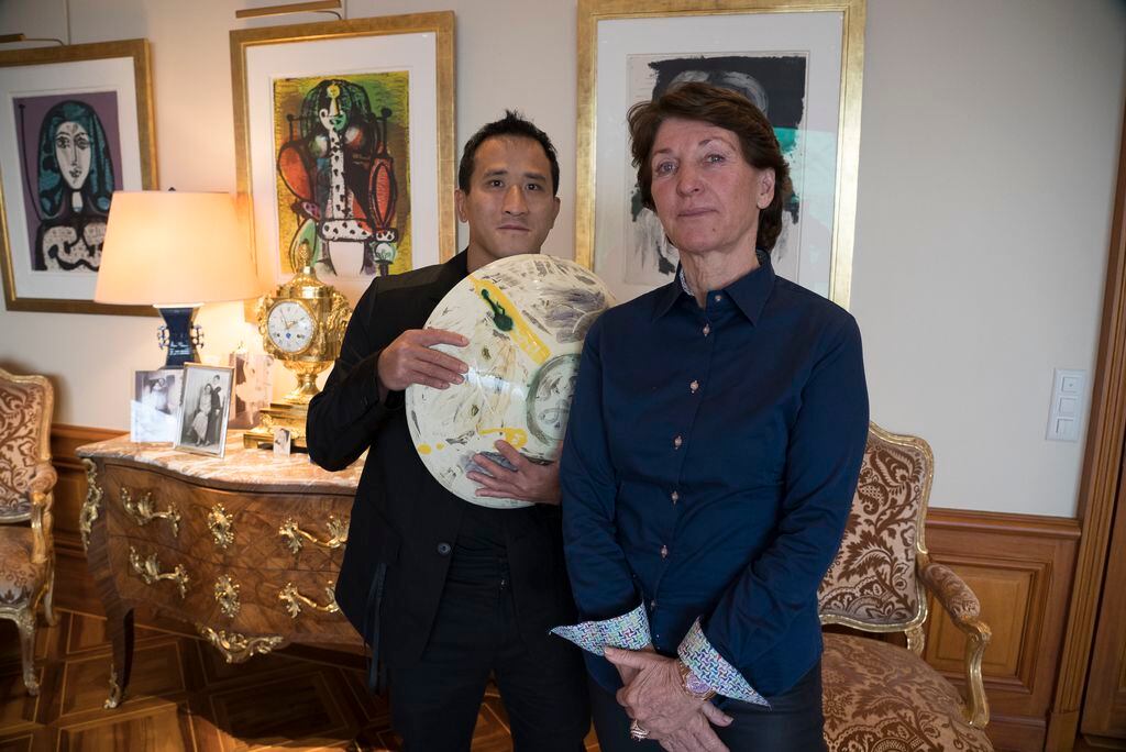 Marina Picasso, right, granddaughter of artist Pablo Picasso, and her son Florian Picasso...