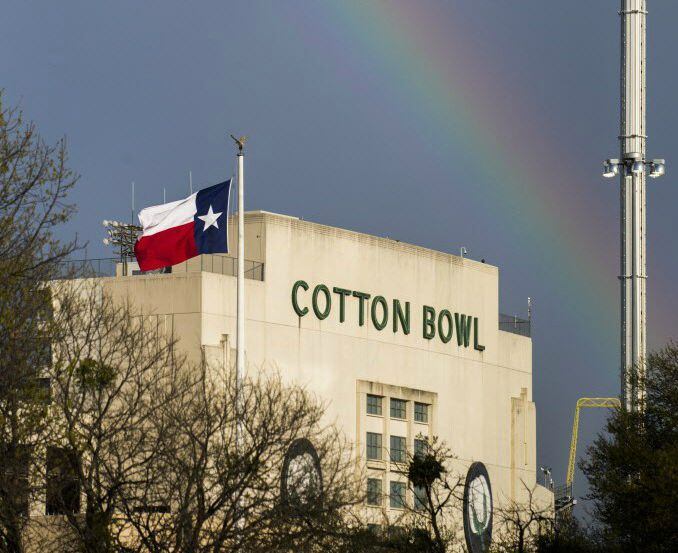 A rainbow is seen over the Cotton Bowl.