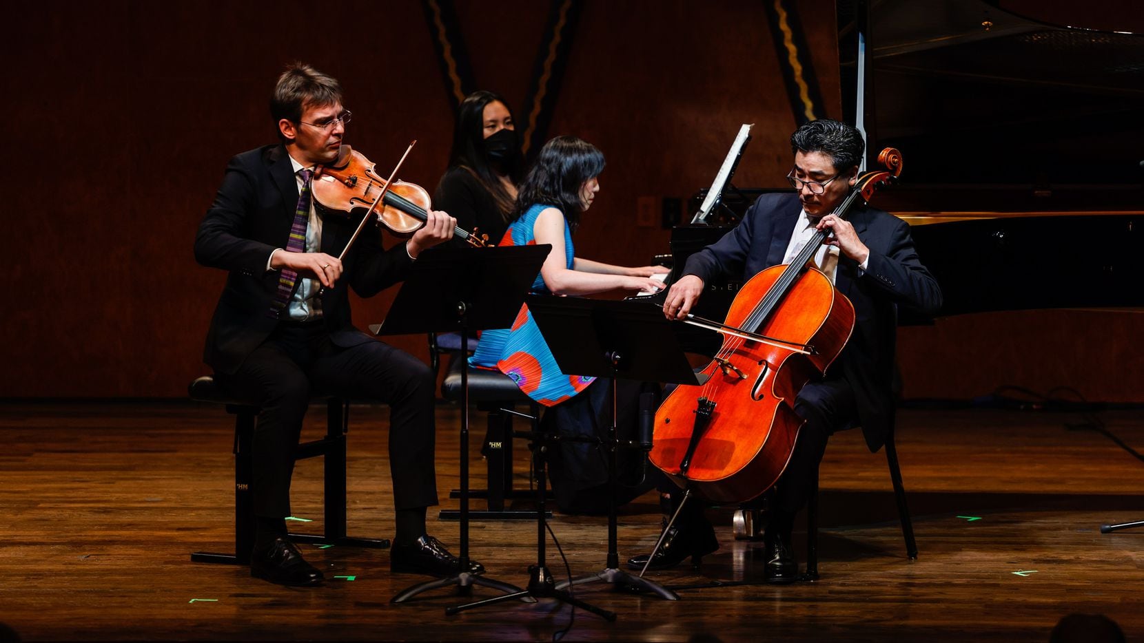 The Horszowski Trio (from left) Jesse Mills, violin, Rieko Aizawa, piano, and Ole Akahoshi,...