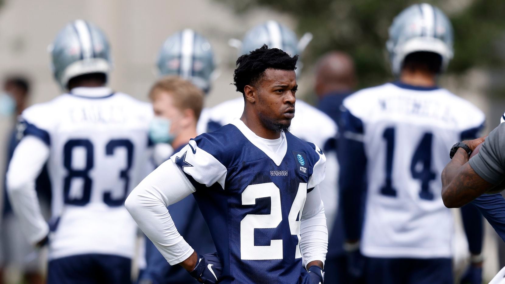 Dallas Cowboys rookie corner back Kelvin Joseph (24) takes a breather during rookie minicamp...