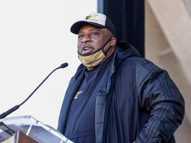South Oak Cliff head coach Jason Todd speaks during a ceremony recognizing South Oak Cliff’s...