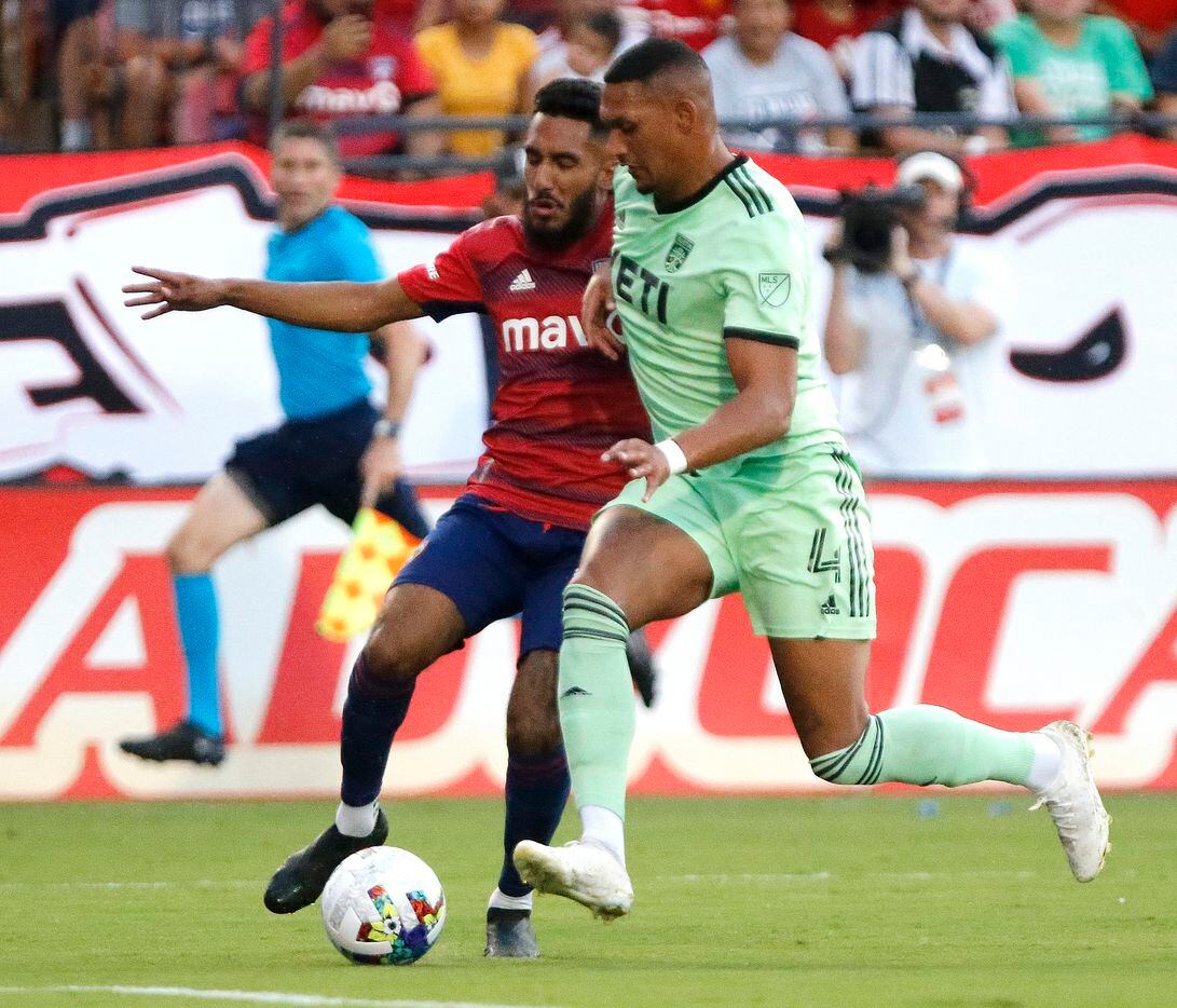 FC Dallas forward Jesús Ferreira (10) attempts to shoot on goal as Austin FC defender Ruben...