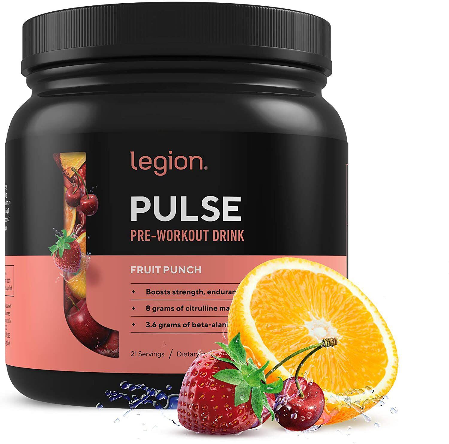 Legion Pulse product with fruits on black label
