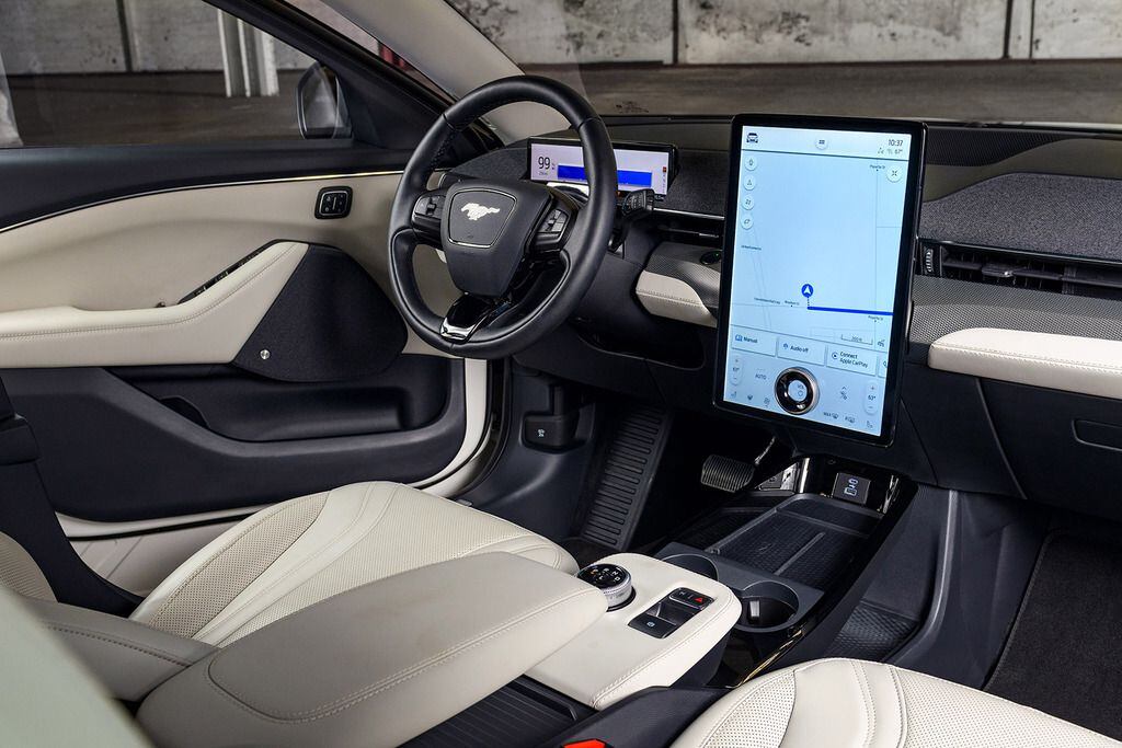 The 2022 Ford Mustang Mach E is typical of electric vehicles that emphasize touch screens and flat panel controls over buttons and dials.