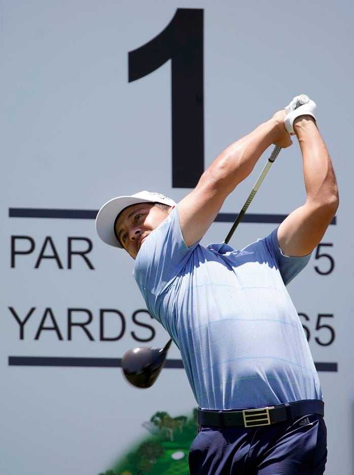 PGA Tour golfer Xander Schauffele follows through on his drive during the third round of the...