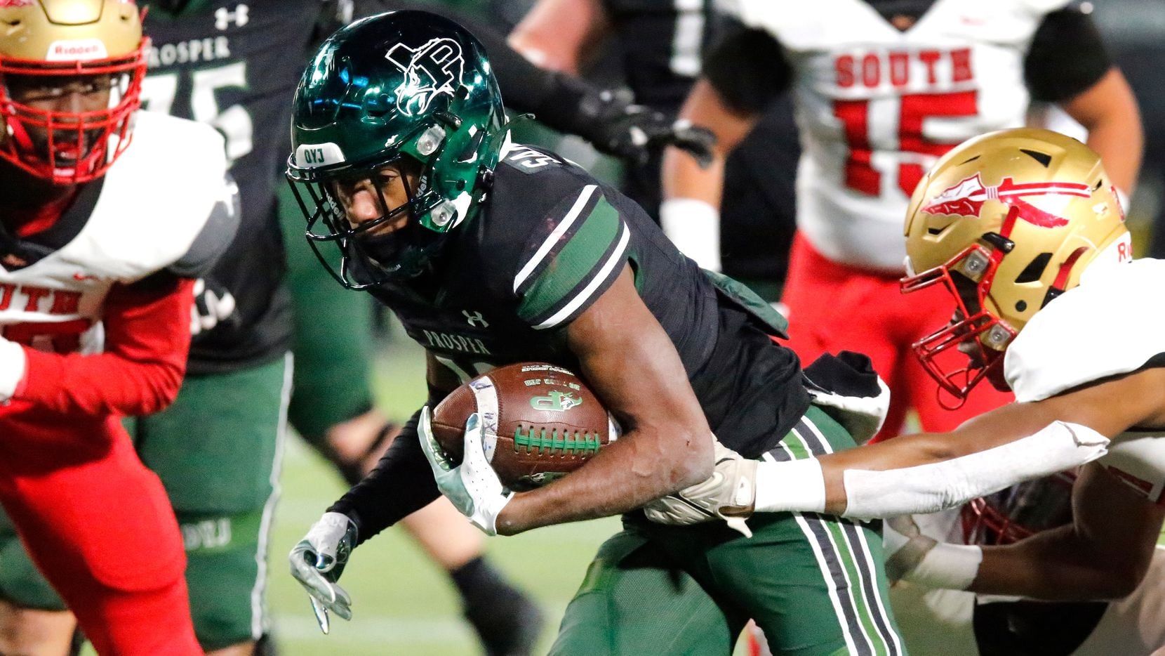Prosper High School running back Prentis Sanders (13) finds the end zone on this run during...