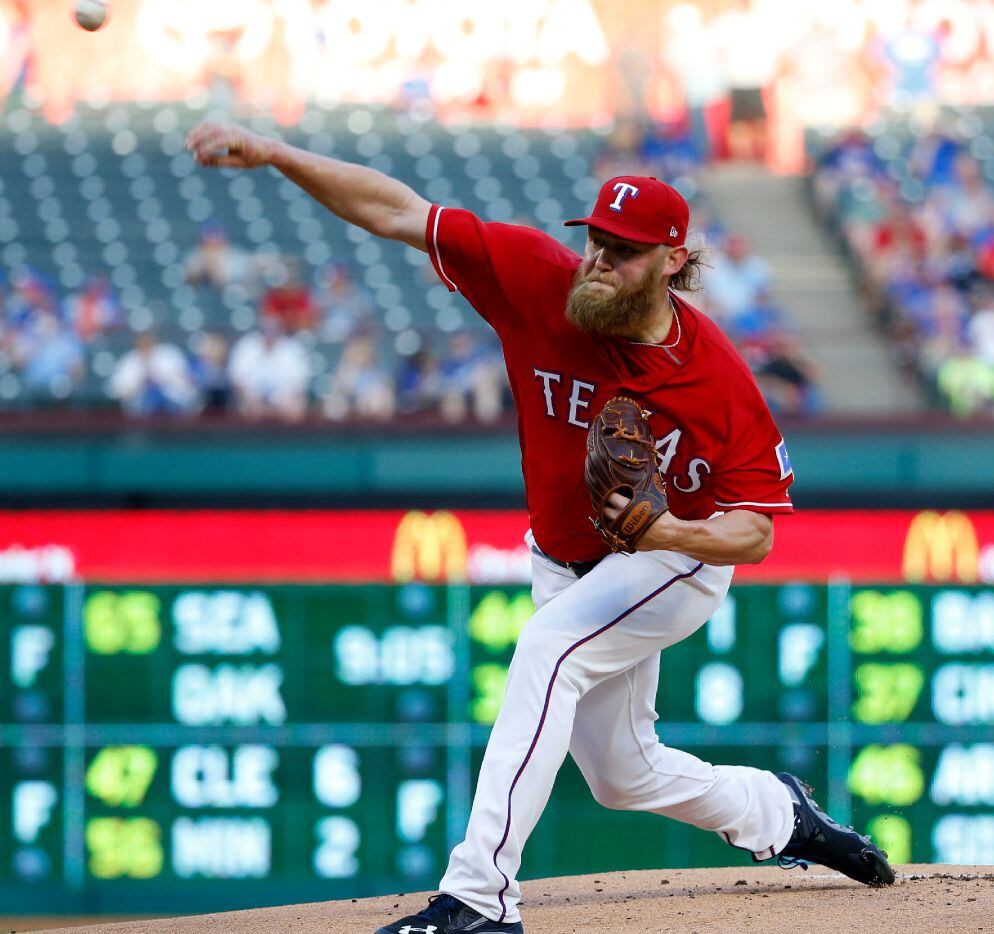 Texas Rangers starting pitcher Andrew Cashner (54) pitches against the Kansas City Royals in...
