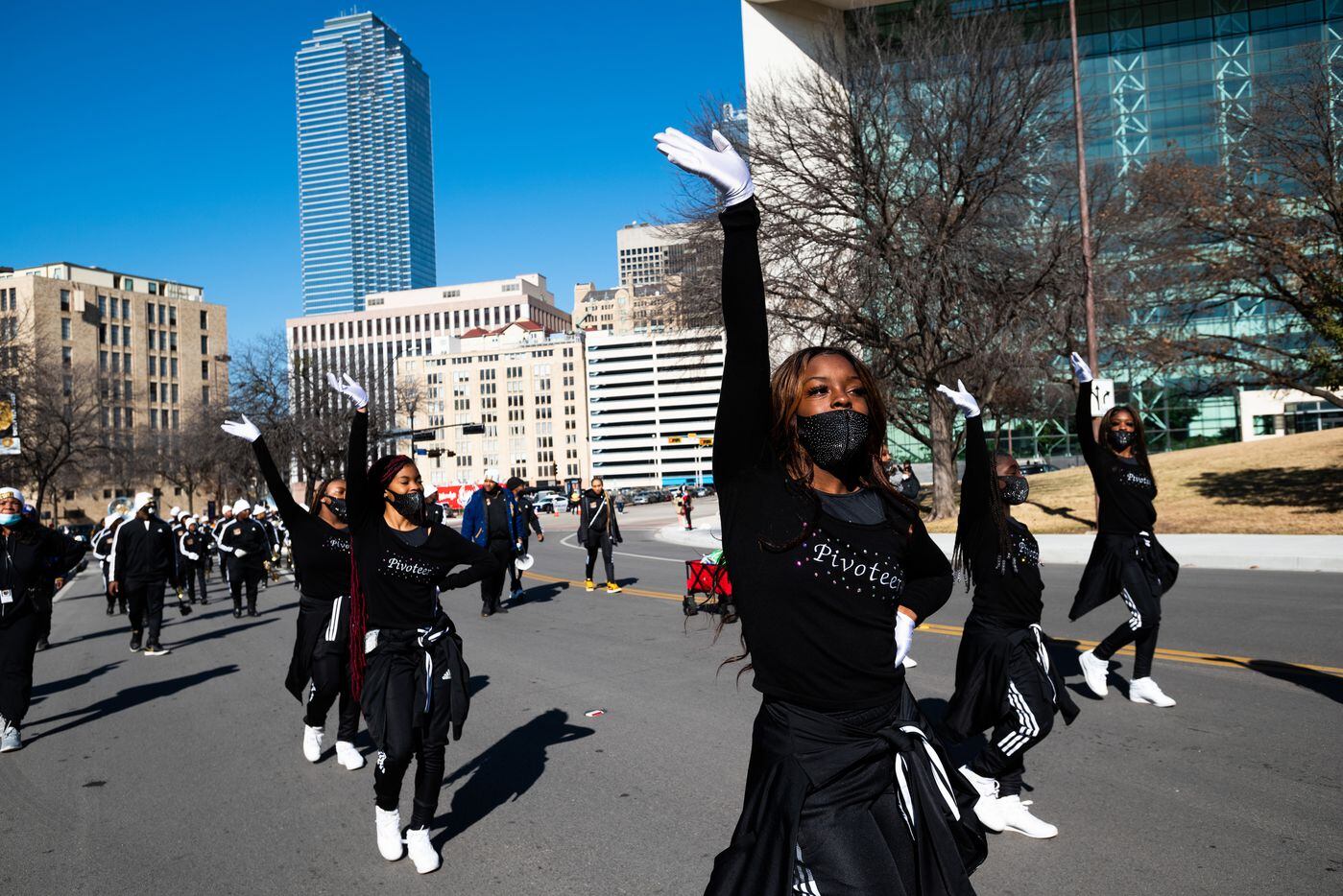 South Oak Cliff High School Pivoteers perform during the Celebration of Champions Parade,...
