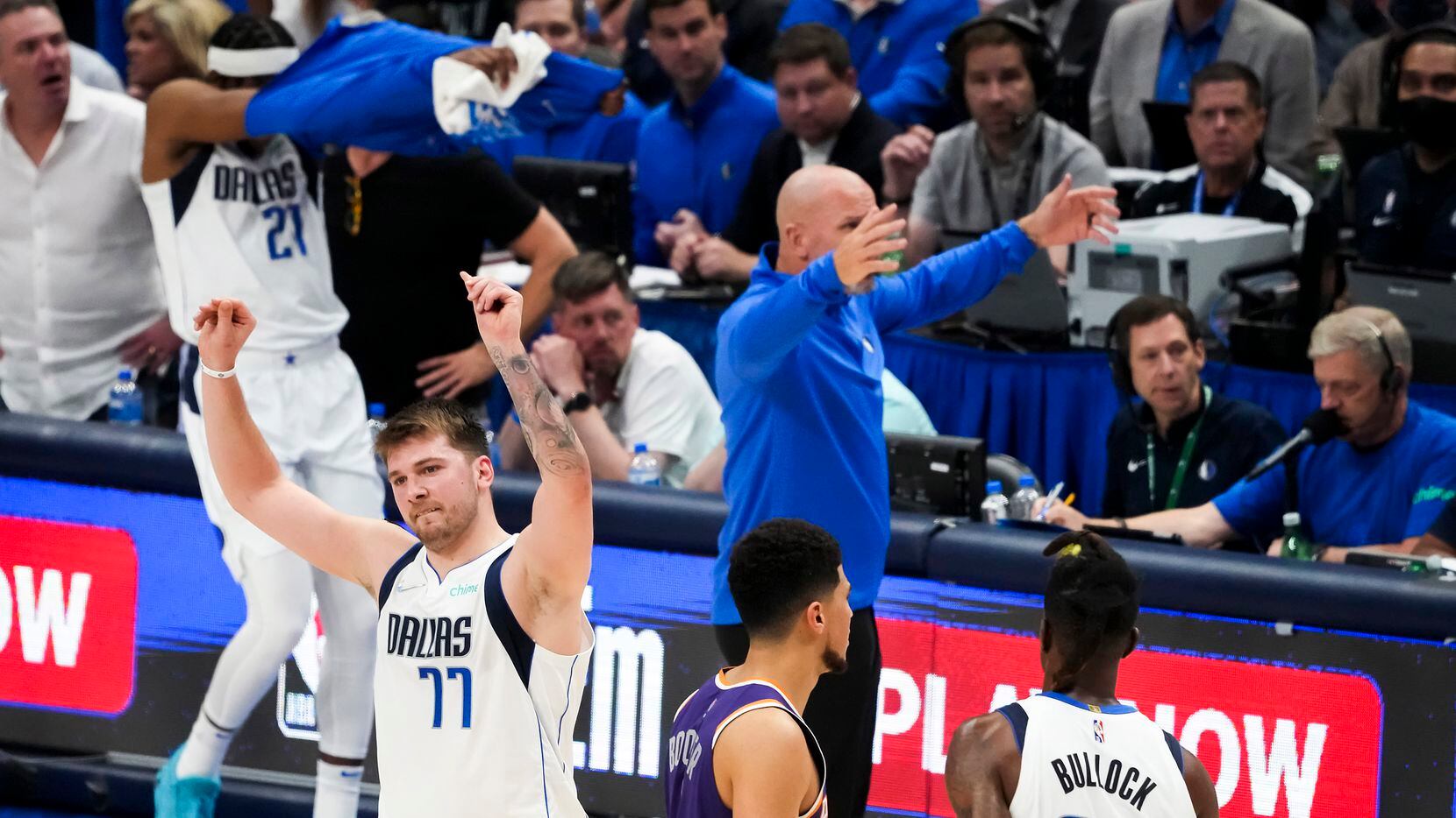 Dallas Mavericks guard Luka Doncic (77) reacts after he was called for his fifth foul of the...