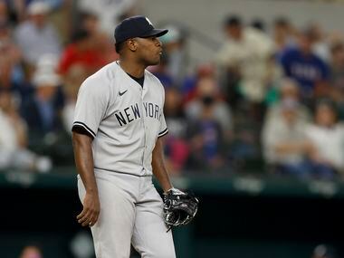 New York Yankees starting pitcher Luis Severino (40) reacts after an out during the sixth...
