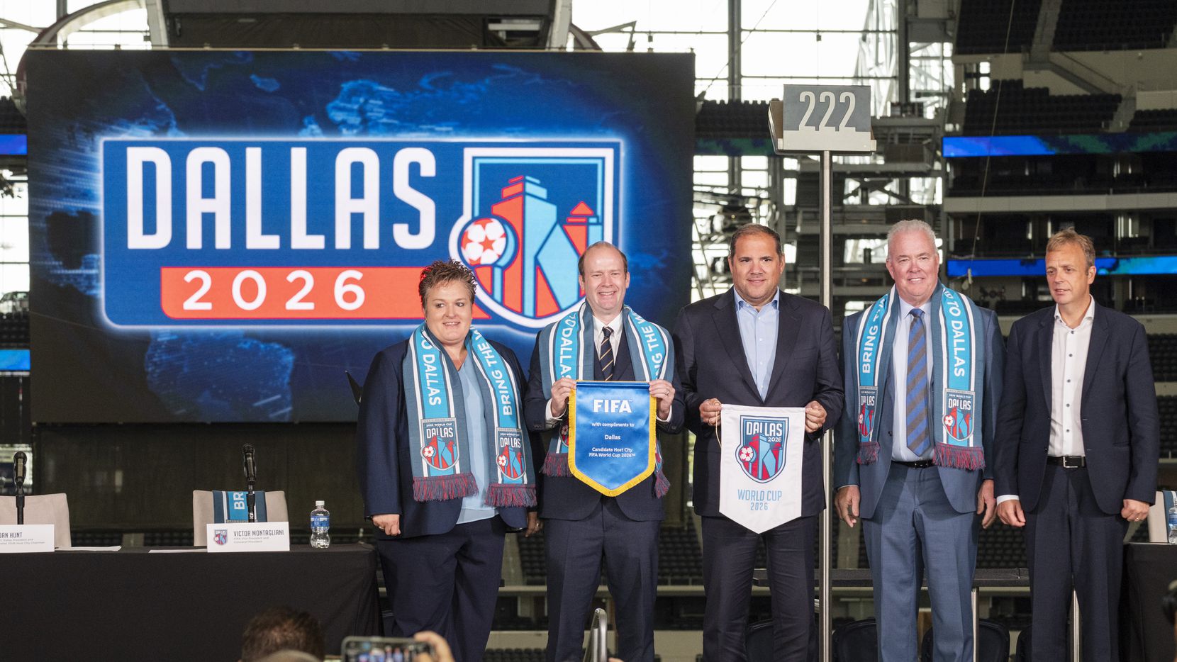 From left, Monica Paul, Dallas Sports Commission Executive Director, Dan Hunt, FC Dallas...