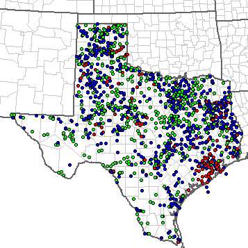 A map of severe weather reports in Texas during 2017 shows tornadoes in red, hail in green...