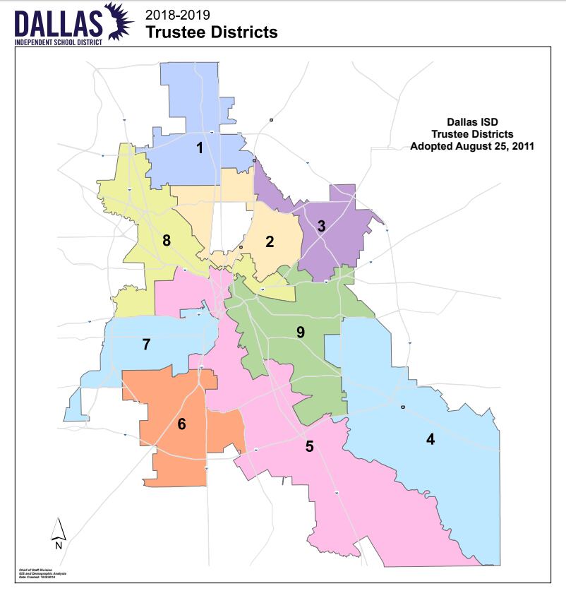 Así se dividen los 9 distritos de la junta directiva del Distrito Escolar de Dallas....
