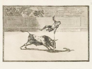 El grabado y la acuarela La Tauromaquia revelan la gracia y atrevimiento de un torero en la Arena de Madrid.  Desde 1814-16.