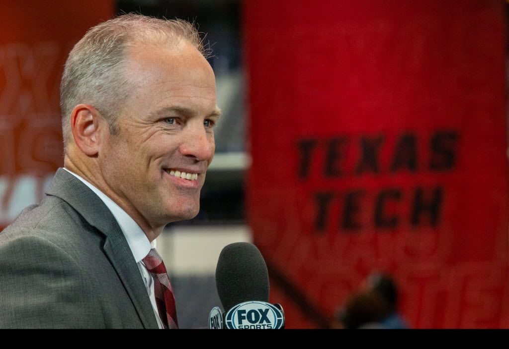 Texas Tech University head football coach Matt Wells speaks to Fox Sports at the Big 12 Conference Media Days event at the AT&T Stadium in Arlington, Texas, Monday, July 15, 2019. (Lynda M. Gonzalez/The Dallas Morning News)