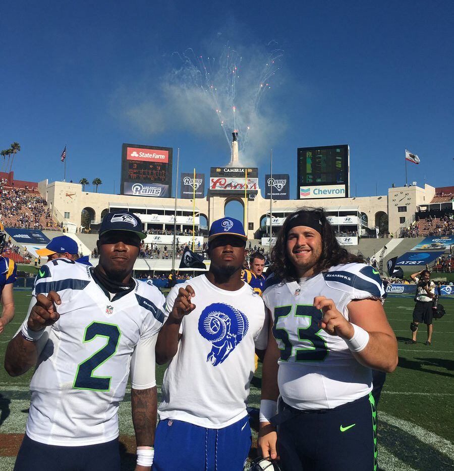 Trevone Boykin, Aaron Green, and Joey Hunt reunite after a National Football League game...