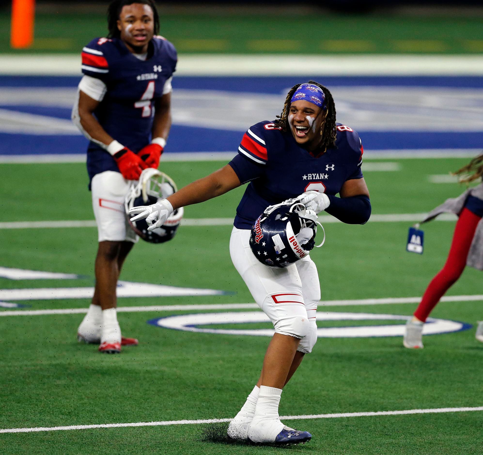 Denton Ryan’s DT Jay Sheppard (8) dances on the field the Class 5A Division I state...