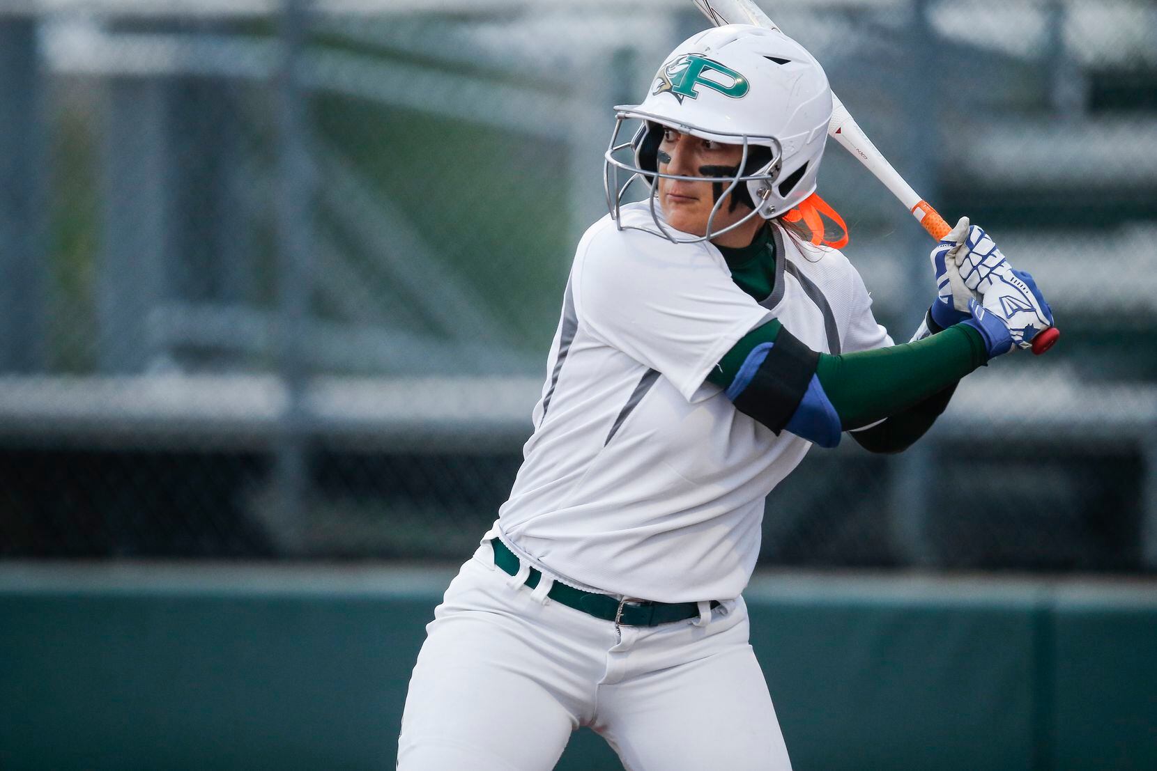 Prosper’s Gabby Coffey bats during game one of a best of three series of a Class 6A bi-district playoff softball game against Flower Mound Marcus at Prosper High School, Thursday, April 29, 2021.