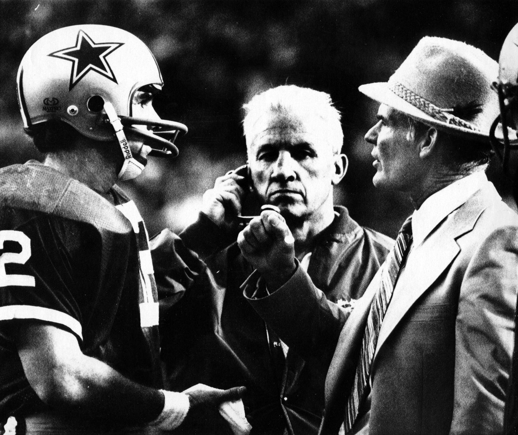 In Los Angeles, on Jan. 8, 1979, Dallas Cowboys quarterback Roger Staubach (left) gets some...