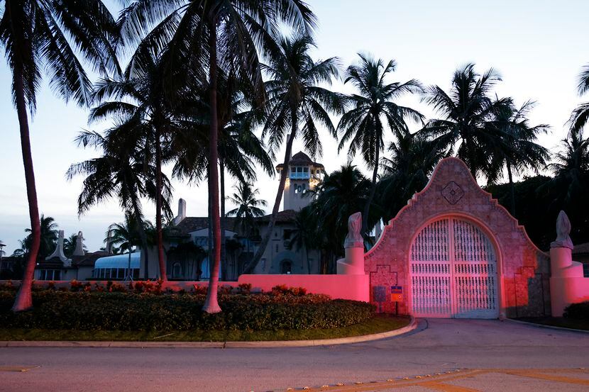 The entrance to former President Donald Trump's Mar-a-Lago estate is shown, Monday, Aug. 8,...