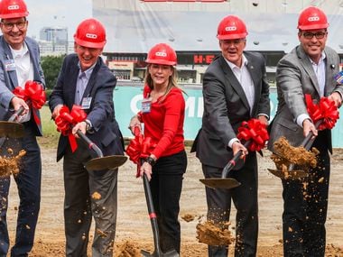 from left, H-E-B president food/drug Scott McClelland, Central Market president Stephen Butt, Megan Rooney, H-E-B chief financial officer, Plano Mayor John Muns, and Executive vice president Juan-Carlos Rück during the groundbreaking ceremony for the Plano H-E-B store on Friday, June 4, 2021, that is planned to open in fall 2022.