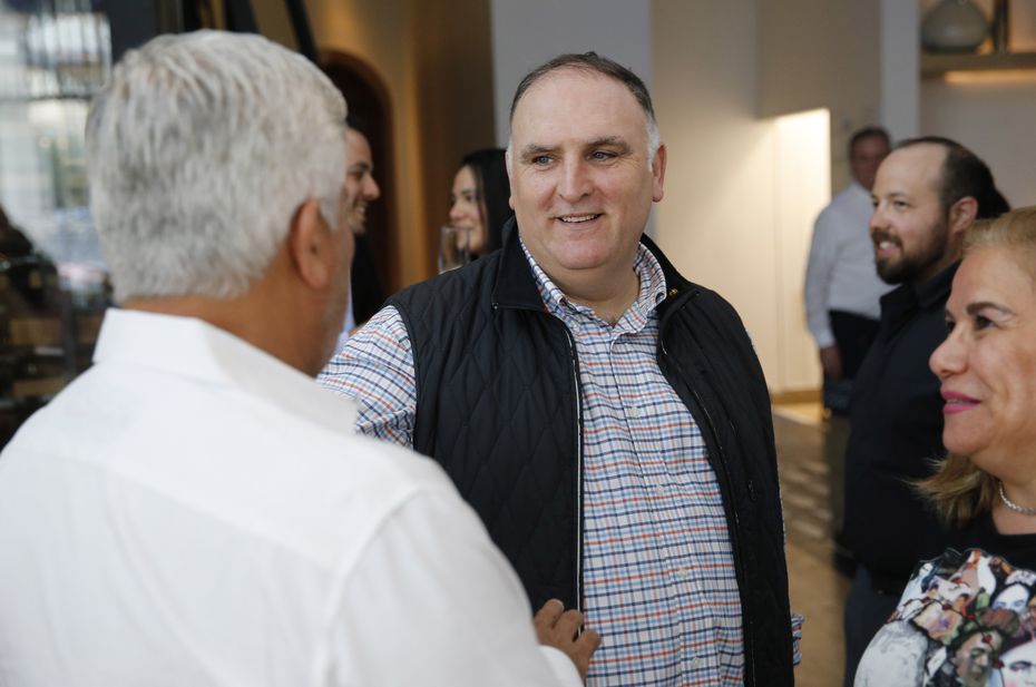 Chef José Andrés talks with Francisco Ramos and Monica C. Ramos (right) during an...