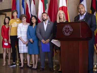 Mayor Eric Johnson speaks about the creation of his Anti-Hate Advisory Council on Wednesday, Sept. 15, 2021, at City Hall in Dallas. (Juan Figueroa/The Dallas Morning News)
