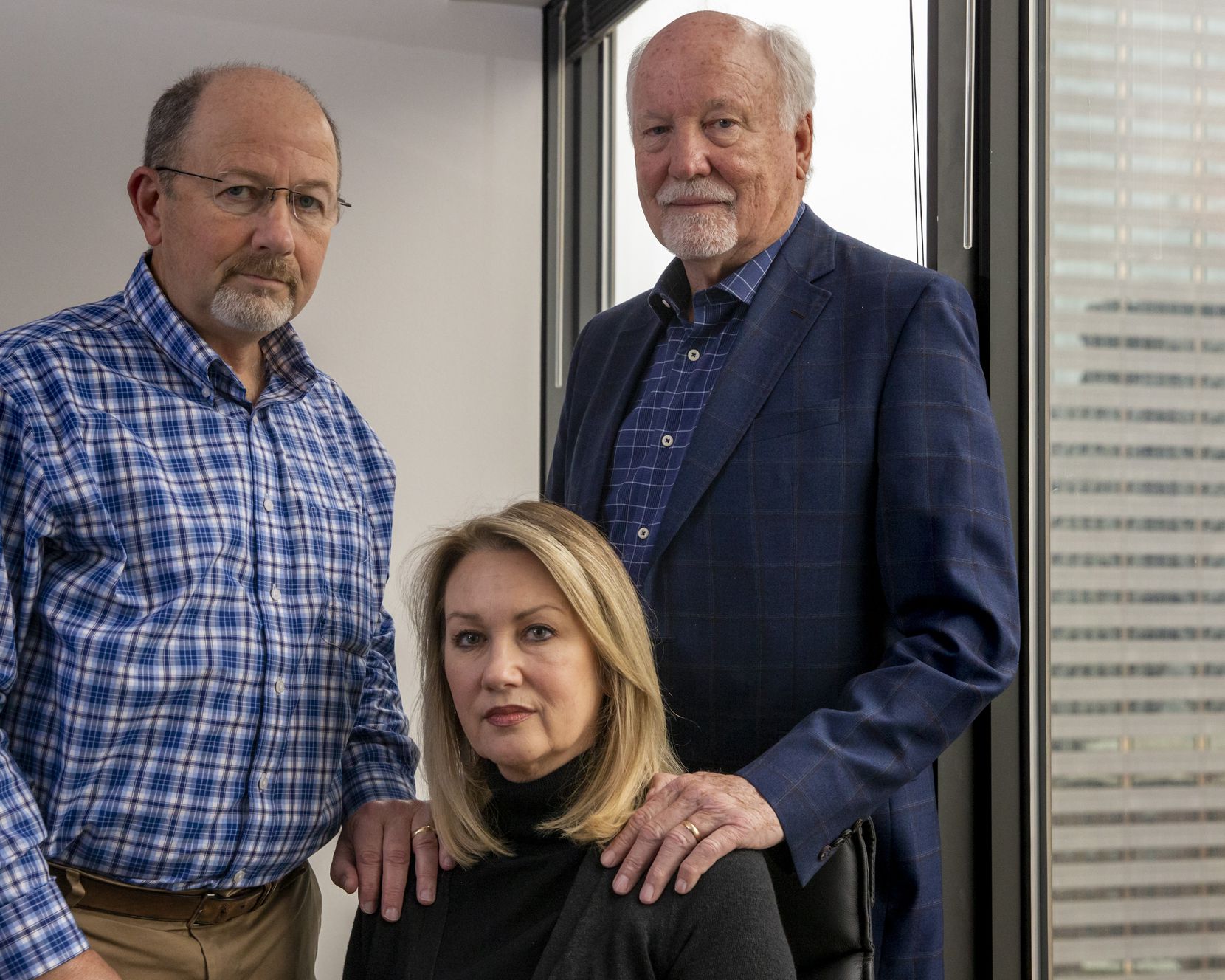 David Nelson (left), Karen Harris and her husband, Cliff Harris were told by police  that they believed Miriam Nelson was among more than a dozen elderly women smothered by suspected serial killer Billy Chemirmir.