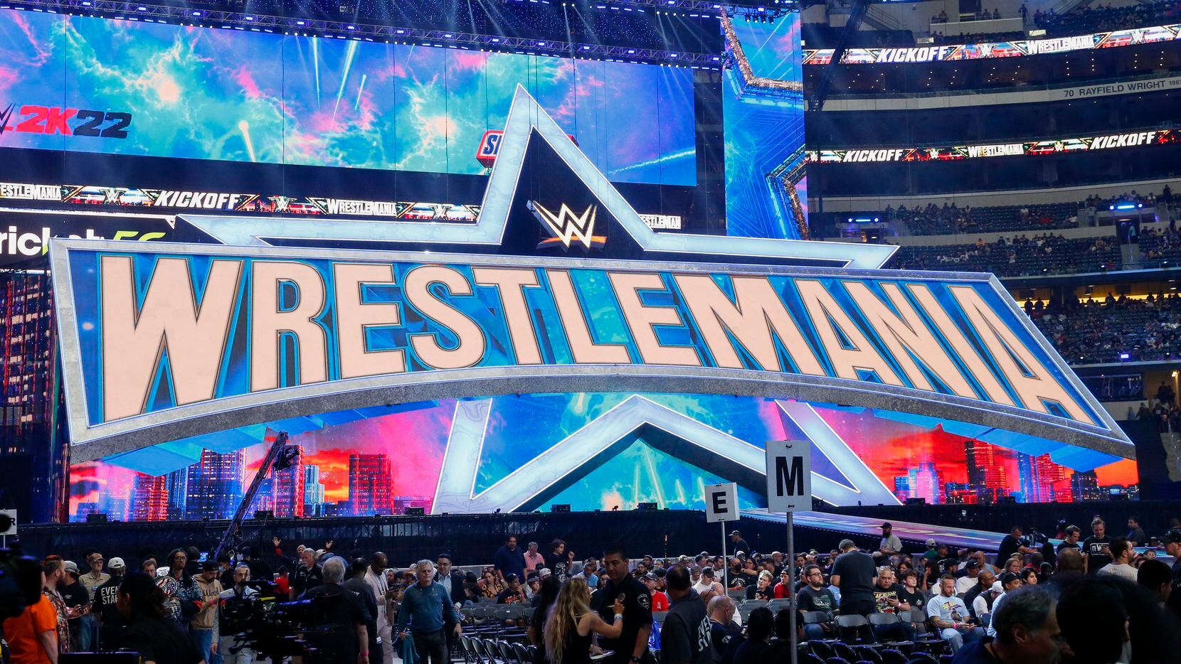 The walkout stage pictured before WrestleMania 38 at AT&T Stadium in Arlington, Texas,...