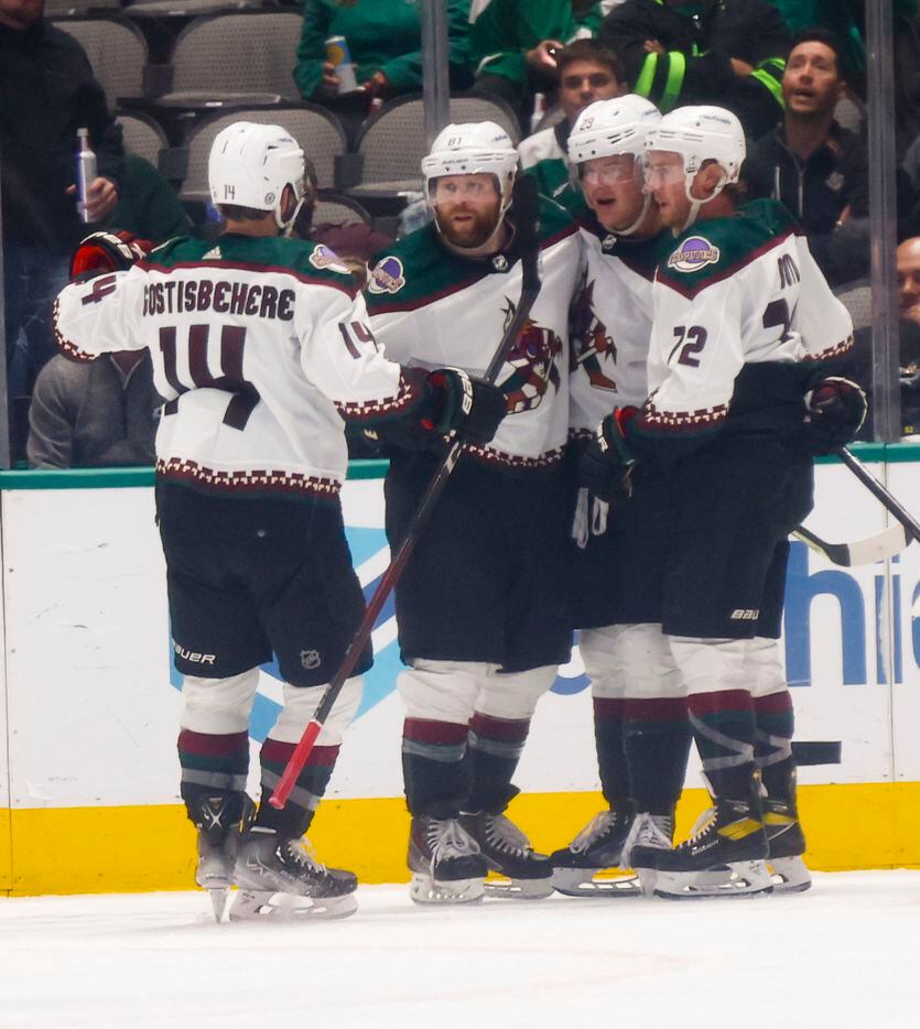 Arizona Coyotes players celebrate a goal tying the game, 3-3, during the third period on...