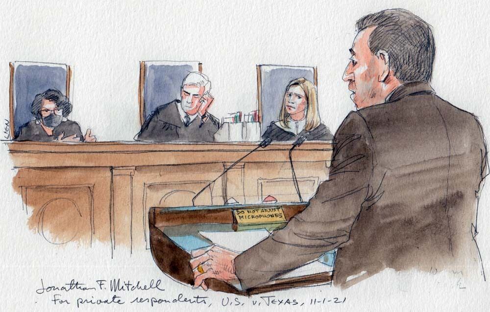 Jonathan Mitchell, shown in a courthouse sketch arguing before the U.S. Supreme Court in...