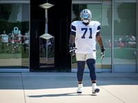 Dallas Cowboys offensive tackle Jason Peters takes the field for the team's practice at The...