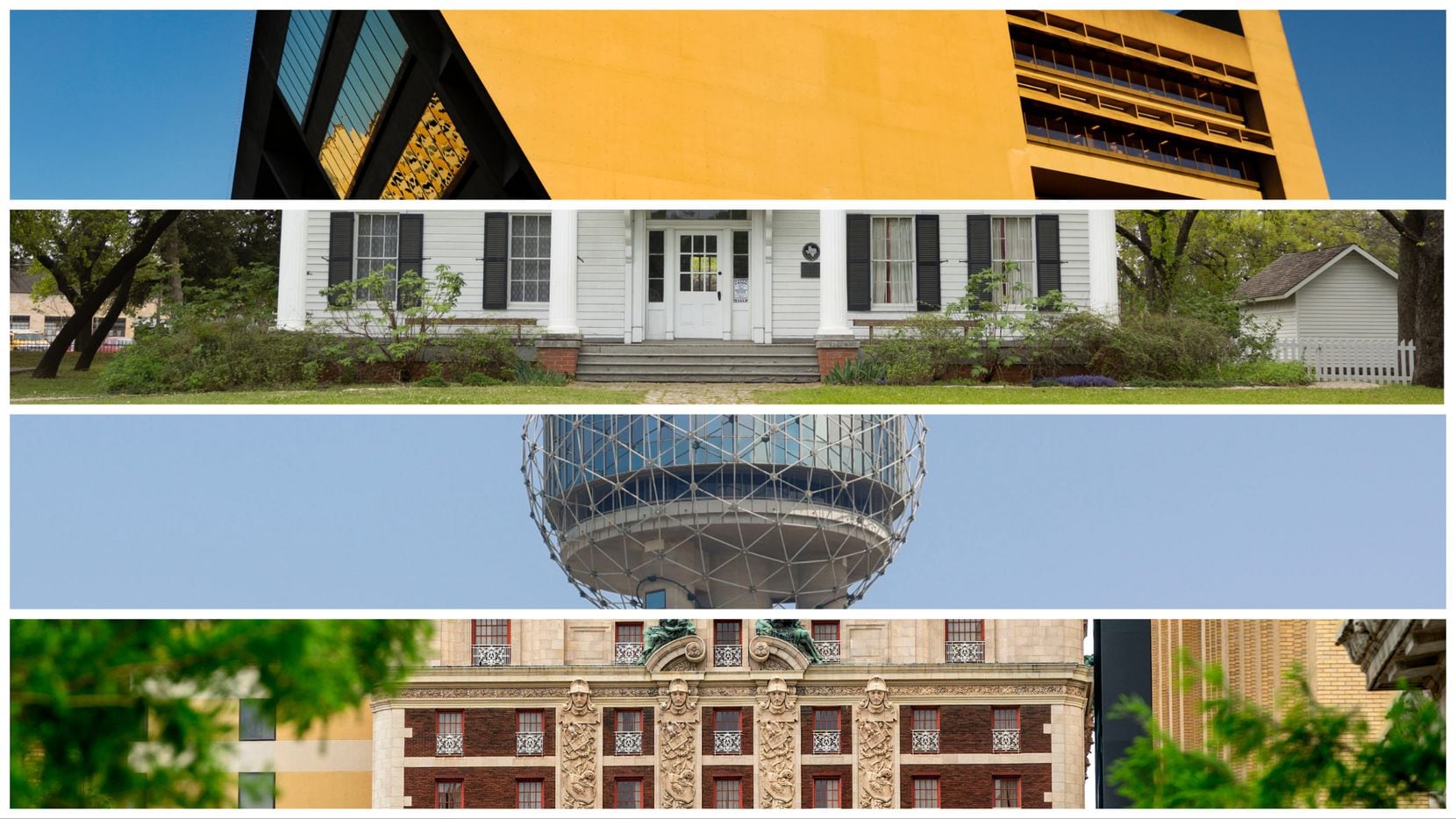 A combination image shows Dallas City Hall, Millermore mansion, Reunion Tower and the...