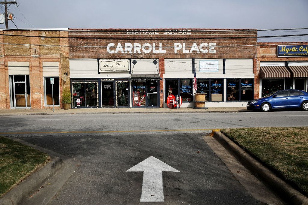 A view of Carroll Place in the square in downtown Mesquite. Surrounded by historic brick...