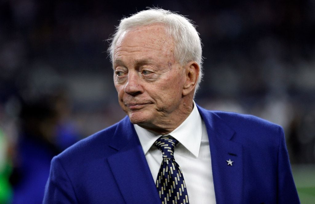 FILE - In this Nov. 19, 2017, file photo, Dallas Cowboys team owner Jerry Jones stands on...