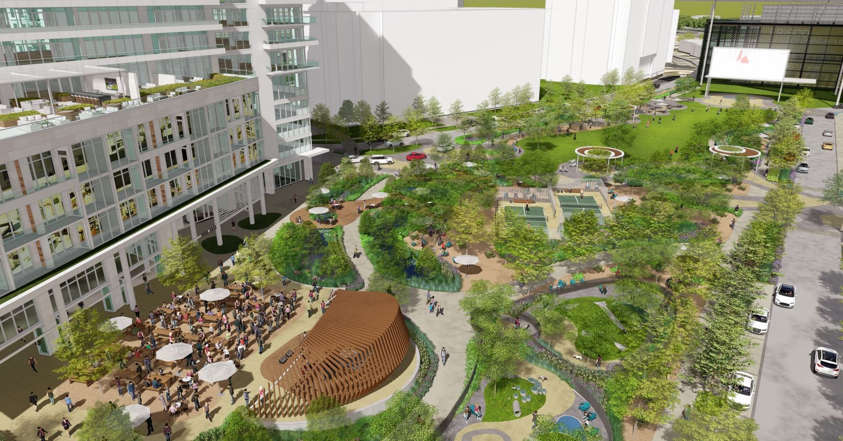 A 10,000 square-foot food hall is part of the new development which includes a park.