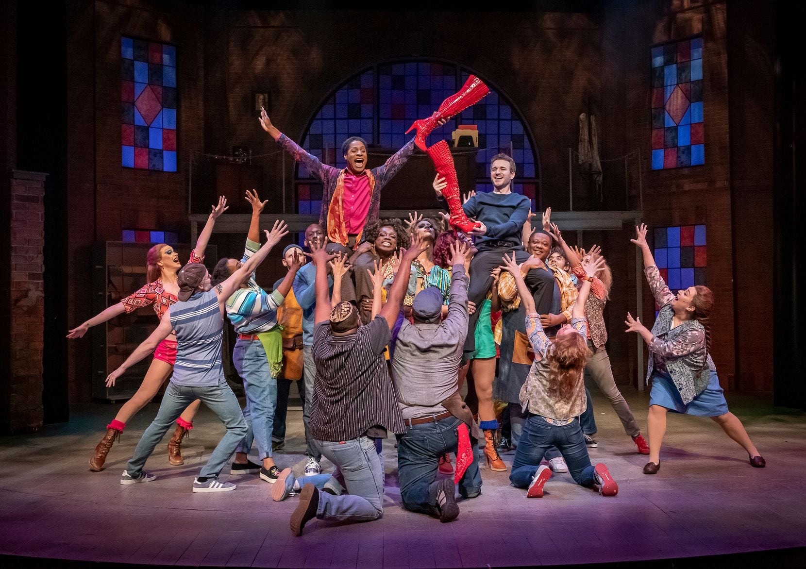 Lee Walter, Max Swarner and the cast of "Kinky Boots" performing with Uptown Players at the...