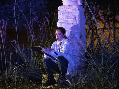 Actrița Elena Hearst în timpul unei scene de producție pentru premiera mondială  "cina mormântului" Prezentat de Teatro Dallas și bazat pe poezia autorului Mike Soto, sâmbătă seara, 7 noiembrie 2020, în fața Centrului Cultural Latin din Dallas.  Hearst a jucat trei personaje în timpul producției.