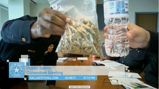 A bag of marijuana is held up during Dallas Police Chief Eddie Garcia's first public safety...