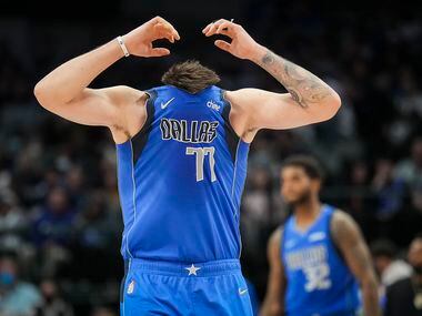 Dallas Mavericks guard Luka Doncic (77) reacts after missing a shot a the final buzzer of...