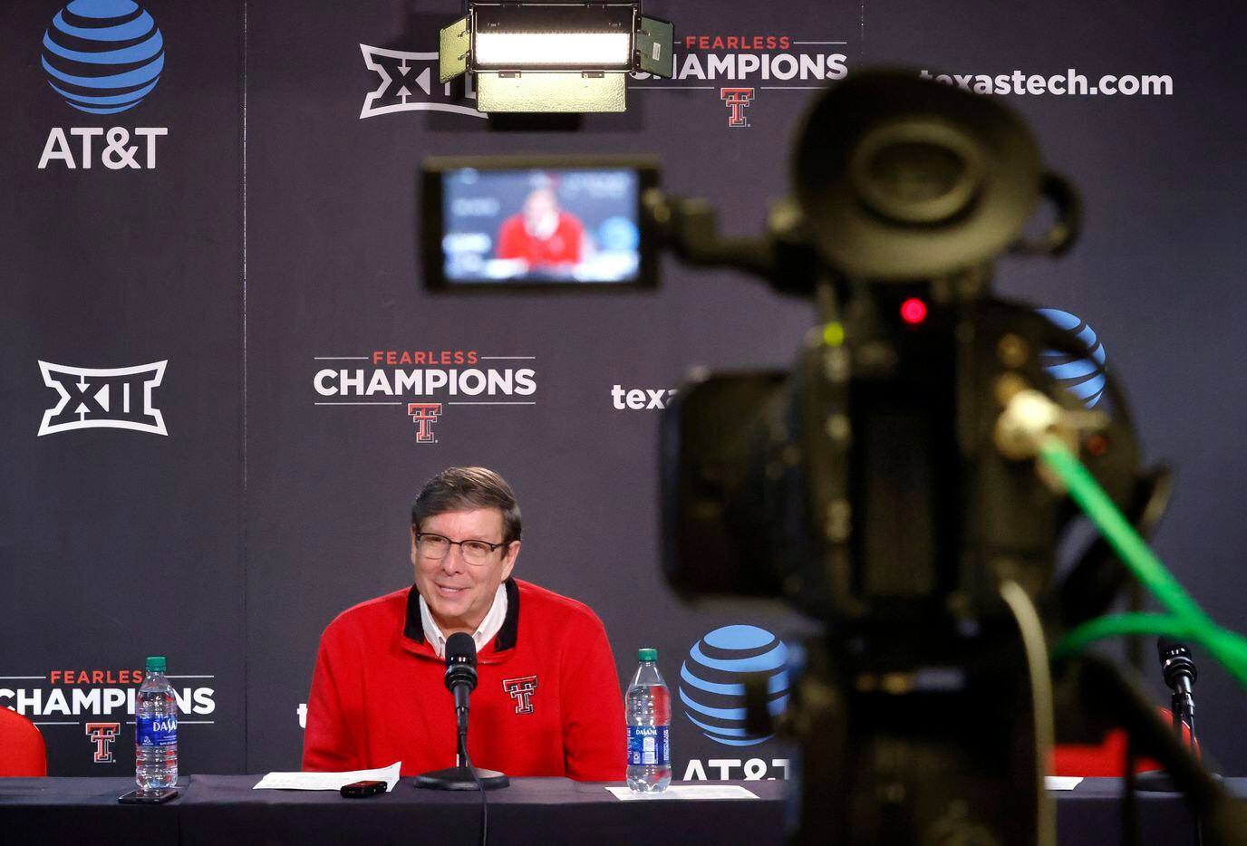 Texas Tech Red Raiders head coach Mark Adams responds to questions from the media following...