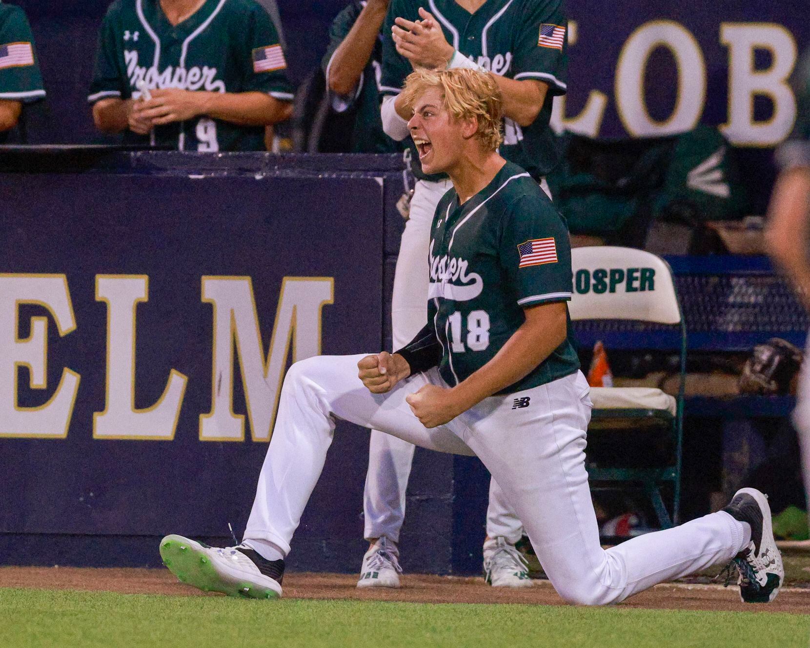 Prosper’s Jason Miller (18) celebrates after the team score a pair of runs against Coppell...