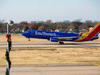 A Southwest Airlines flight takes off from Dallas Love Field toward Austin in 2020.