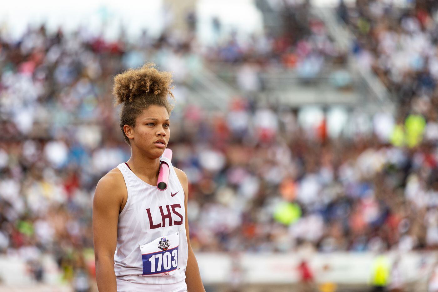 Ryan Allen of Lewisville prepares to race in the girls’ 4x200-meter relay at the UIL Track &...