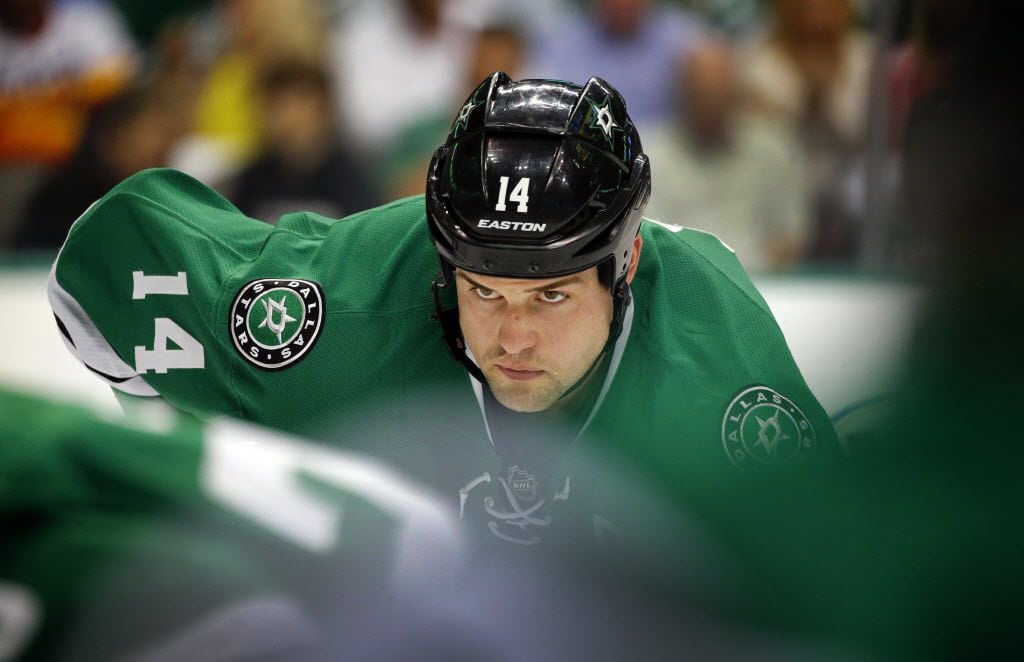 Dallas Stars left wing Jamie Benn (14) eyes a first period face-off in Game 2 against the...