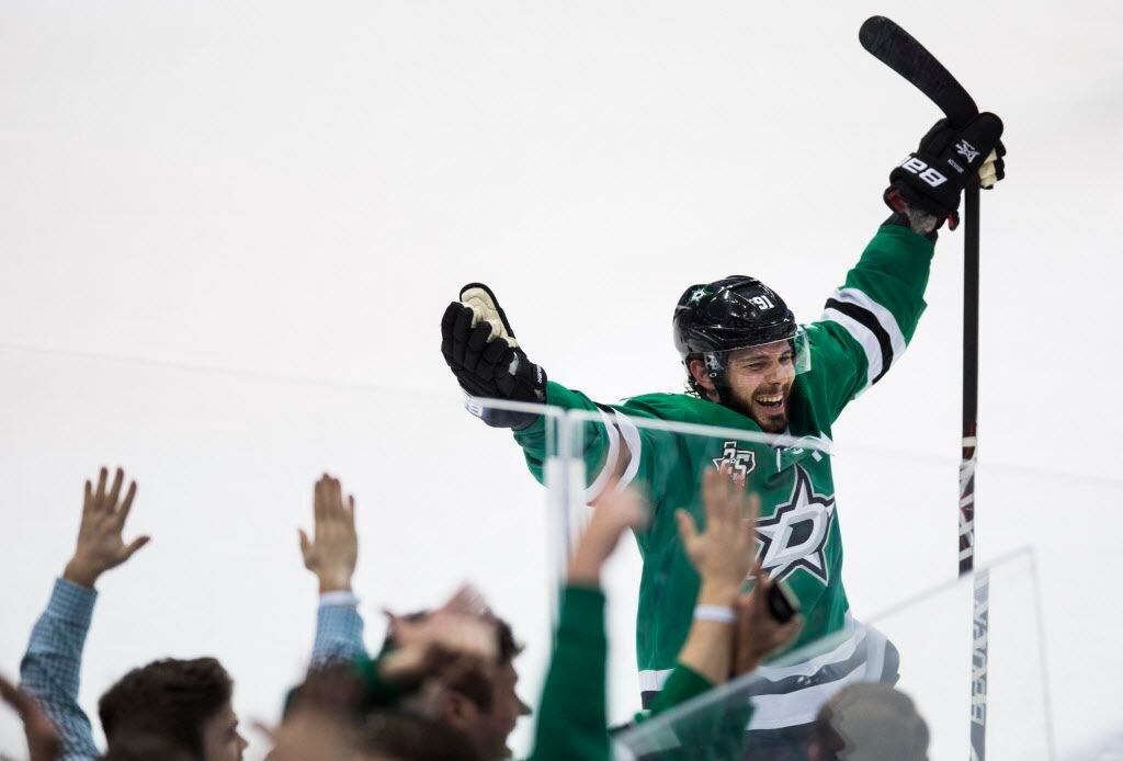 Dallas Stars center Tyler Seguin (91) celebrates a goal that tied the game in the last four...