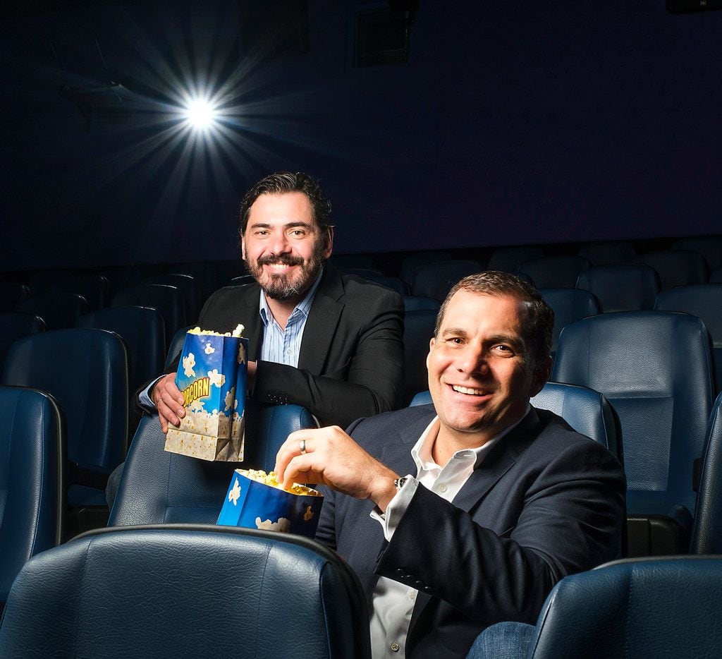 Andy Mitchell (front) and Milos Brajovic, co-presidents of Dallas-based Lantern Entertainment, posed for a portrait at the Highland Park Village Theater.